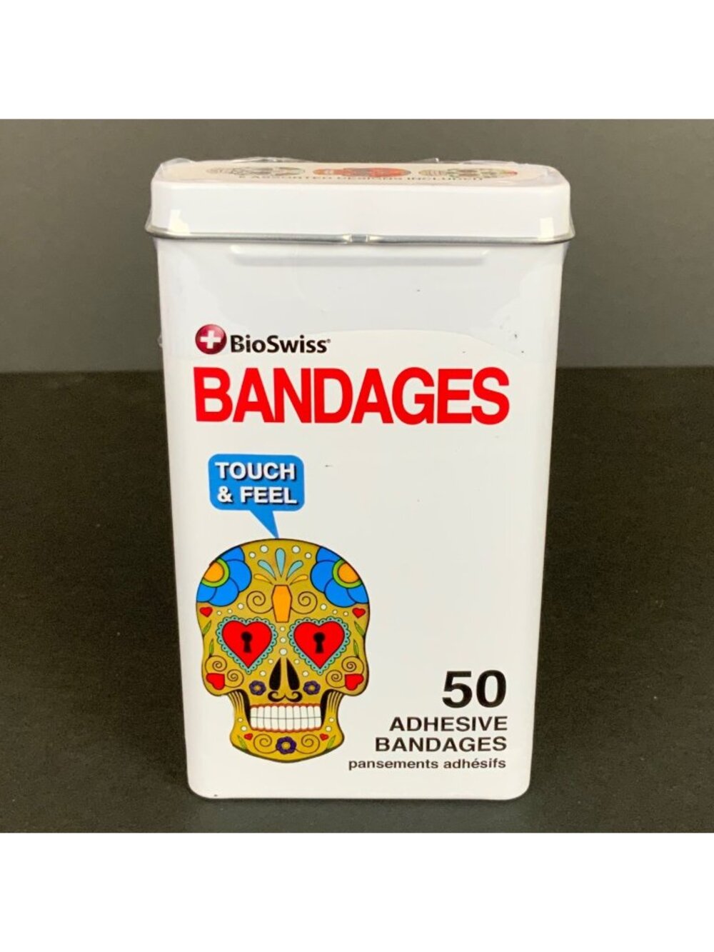 BioSwiss Sugar Skull Bandages Tin Box 50 ct Dia De Los Muertos Adhesive Strips